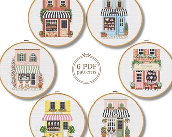 European Cafe Cross Stitch Patterns PDF Set of 6, Patisserie, Gelateria, Tea House Collection