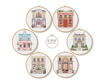 Culture Buildings Cross Stitch Patterns PDF Set of 6, Museum Library Cinema Theater Collection