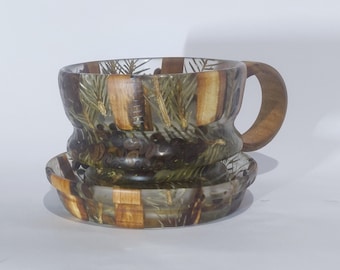 Hand Turned Wood And Resin Decorative Tea Cup & Saucer | Artisan Art Set