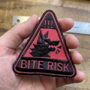 Bite Risk Warning Embroidered Patch, Danger Wolf Badge, Iron On Patch for Jacket