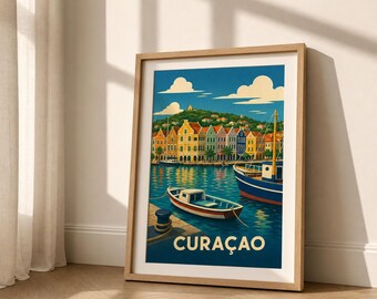 May include: A framed travel poster featuring a colorful harbor scene in Curaçao. The illustration depicts a row of vibrant colonial-style buildings along the waterfront, with a small boat in the foreground and a larger vessel nearby. The text CURAÇAO is printed in bold white letters at the bottom.