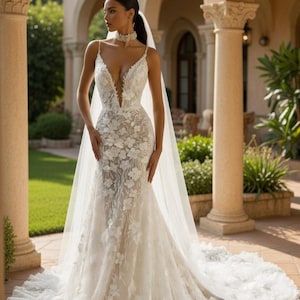 Peut inclure: Une robe de mariée blanche avec broderie florale et un décolleté plongeant. La robe est ornée de fines bretelles et d'une longue traîne fluide. Un voile transparent est drapé sur les épaules. La robe est portée à l'extérieur.