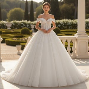 May include: A white off-the-shoulder wedding gown with a sparkling bodice and a full, flowing skirt. The dress features a sweetheart neckline and is worn outdoors in a garden setting.