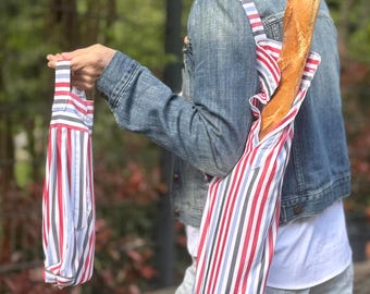 Französisches Picknick Wein Geschenk - Baguette Tasche & Flaschenträger, Rot Blau gestreifte Tasche