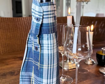 Upcycled Blue Checked Sleeve Wine Bag – Original Design, Eco-Friendly Hostess Gift