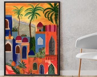 Pintura acrílica original: Atardecer marroquí en la Medina / Gran cuadro de estilo bohemio para pared (60 x 90 cm)