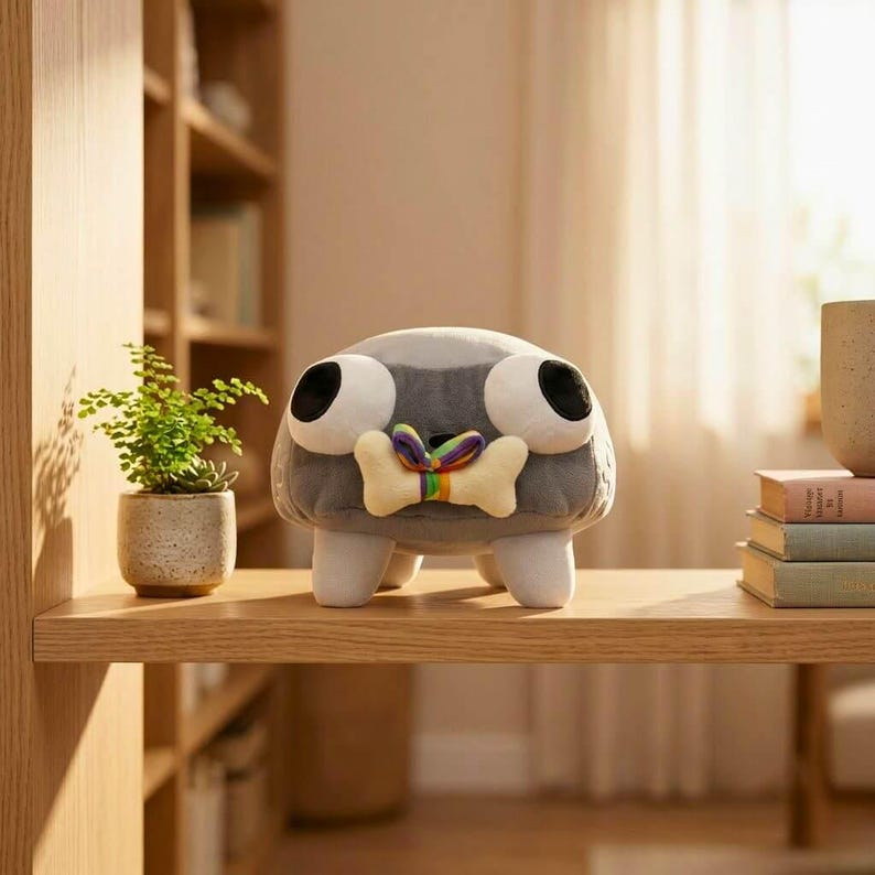 May include: A plush toy in the shape of a gray rock with large white eyes and black pupils. It has a beige bone-shaped bow tie with a rainbow ribbon. The toy has four white legs and is sitting on a wooden shelf.