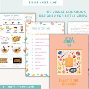 May include: A digital cookbook titled Little Chefs Club featuring a recipe for banana oat cookies with step-by-step illustrated instructions, a table of contents, and a cover page with colorful food icons including a cutting board and pan.