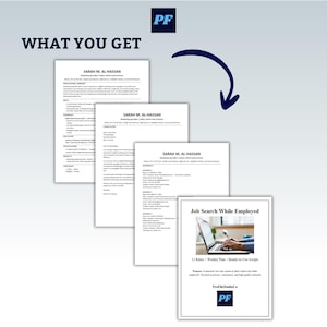 以下が含まれることがあります： 画像には、履歴書や「Job Search While Employed」というタイトルのガイドなど、黒いテキストが書かれた白いドキュメントのコレクションが表示されています。青い矢印がドキュメントを指しています。「WHAT YOU GET」というテキストが上部にあります。