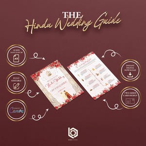 May include: A Hindu Wedding Guide with a burgundy background. The guide features a floral design and the text "Welcome to the Hindu Wedding of Groom & Bride." The guide is A5 size, 14.8 x 21.0 cm, fully editable, and made in Canva.