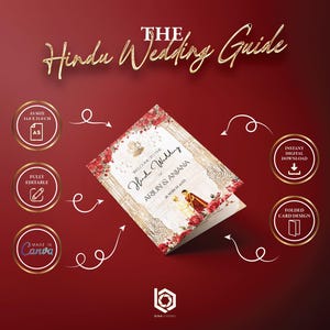 May include: A folded wedding guide with the text "The Hindu Wedding Guide" in gold script. The guide features a floral border and the names "Arjun & Anjana" with the date "26 March 20XX". The guide is A5 size, 14.8 x 21.0 cm.