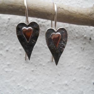 Silver and Copper Artisan heart earrings