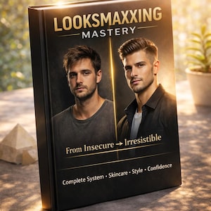 Könnte beinhalten: Ein gebundenes Buch mit dem Titel LOOKSMAXXING MASTERY und dem Untertitel From Insecure to Irresistible. Das Cover zeigt zwei Porträts einer Person, eines links und eines rechts, mit dem Text Complete System, Skincare, Style, Confidence.