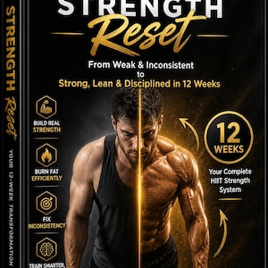 Può includere: Copertina del libro HIIT Strength Reset. L'immagine mostra un uomo diviso in due, un lato con un fisico più debole e l'altro muscoloso. Il testo include "Da Debole e Inconsistente a Forte, Magro e Disciplinato in 12 Settimane".