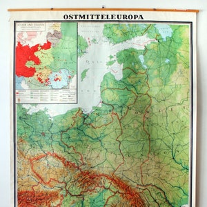 May include: A vintage map of Eastern Central Europe, showing the terrain and borders of countries in the region. The map is titled "Ostmitteleuropa" and includes a key showing the different ethnic groups and states. The map is printed on a roll and has a scale of 1:1,000,000.