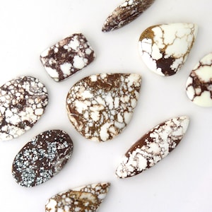 May include: A collection of polished gemstones with a unique pattern. The stones feature a mix of white and brown colors, with a marbled or web-like design. Various shapes are present, including oval, rectangular, and teardrop forms. The gemstones are arranged on a white surface.