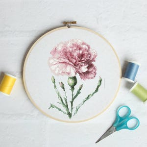 Puede incluir: Un bordado de punto de cruz de una flor de clavel rosa en un aro de madera. Hojas y capullos verdes acompañan a la flor. También hay una bobina de hilo amarillo, dos bobinas de hilo azul y verde y unas tijeras azules.