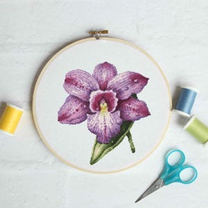 Puede incluir: Un punto de cruz terminado de una flor de orquídea morada en un bastidor de bordado de madera. La flor tiene detalles rosas y blancos. Bobinas de hilo amarillas, azules y verdes y unas tijeras azules están dispuestas alrededor del bastidor sobre una superficie blanca.