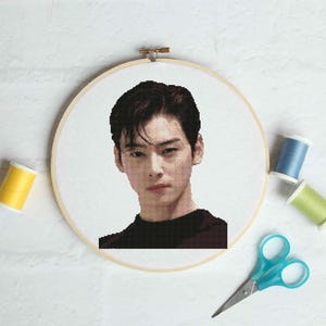May include: A cross-stitch portrait of a person in a wooden embroidery hoop. The portrait is surrounded by yellow, blue, and green thread spools, and a pair of blue scissors.