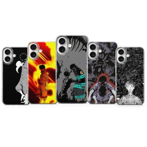 May include: A collection of five phone cases featuring anime-style character designs. The cases showcase various characters in dynamic poses, with vibrant colors and detailed artwork. Each case has a different background, including flames and abstract patterns.