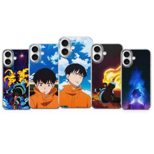 May include: Five phone cases featuring anime characters. The cases display various designs, including characters in orange jackets, against backgrounds of flames, blue skies, and abstract art. The cases are designed for a smartphone.