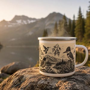 Bird Enamel Mug, 12 Oz Camping Coffee Cup with Vintage North American Art