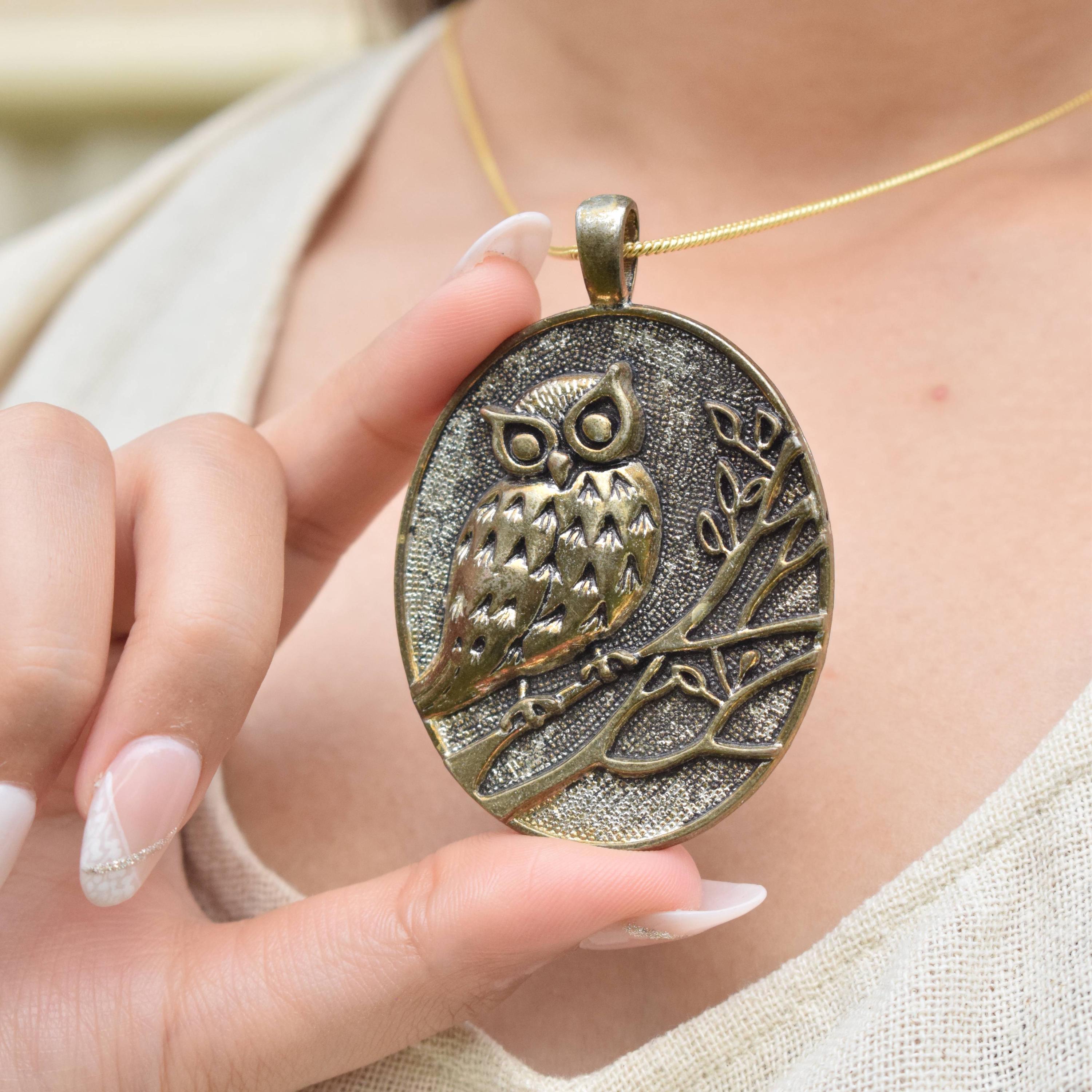 Owl Medallion Pendant For Women | Brass Woodland Wise Bird | Boho Vintage Necklace | Chunky Owl Char