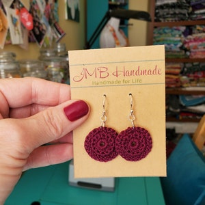 Handmade Crochet Earrings: Hypoallergenic Silver, Maroon Cotton Dangles