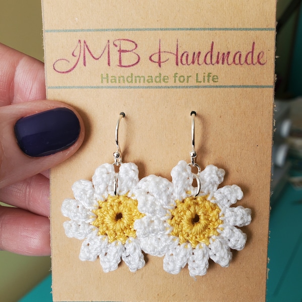 Daisy Floral Crochet Earrings, Crochet Earrings, Hypoallergenic Silver, Crochet Jewelry, Dangle Earrings, Yellow White Earrings