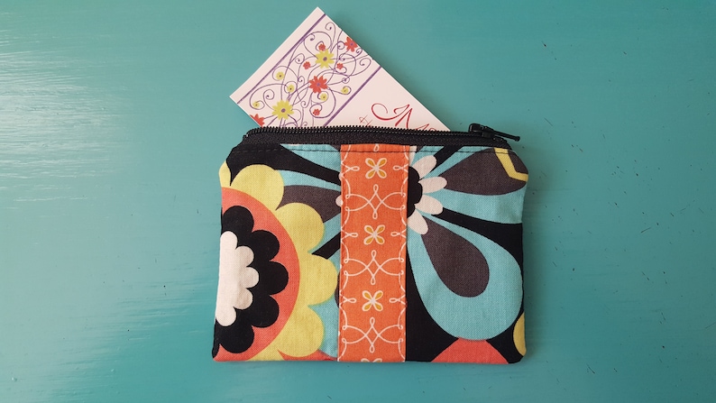 Small Floral Zippered Coin Purse Pouch Bag Michael Miller floral black teal turquoise yellow white