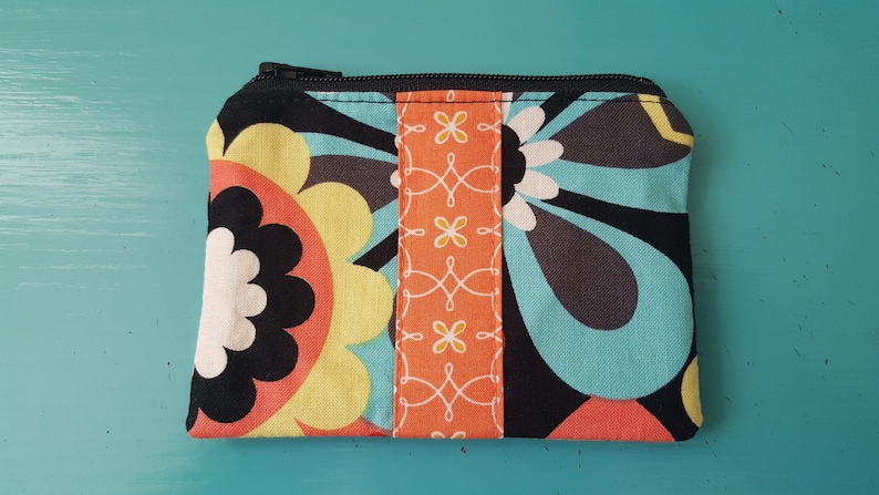Small Floral Zippered Coin Purse Pouch Bag Michael Miller floral black teal turquoise yellow white