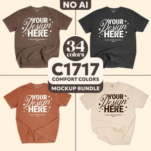 Op de afbeelding: Vier t-shirts in verschillende kleuren, elk met de tekst "YOUR Design HERE" in een decoratief lettertype. De afbeelding bevat ook de tekst "34 kleuren", "C1717 Comfort Colors Mockup Bundle" en "NO AI".