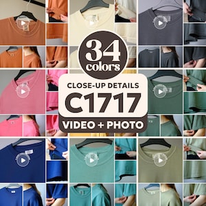 May include: A collage of t-shirts in various colors, including orange, cream, pink, navy, and teal. The image highlights close-up details of the shirts, such as the neckline and sleeves. Text on the image reads "34 colors", "CLOSE-UP DETAILS C1717 VIDEO + PHOTO".