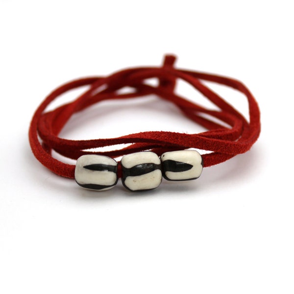 red suede bracelet wrap bracelet bone beaded bracelet white and black leather indie bracelet