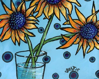 Sunflower Art Print, sunflowers in vase,  colorful print of original painting, 8" x 8" on art paper; floral, flowers, wall art, home decor