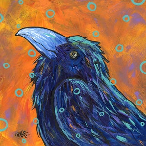 Raven Art Print, Colorful print of original painting, 8" x 8" on thick paper, bird, crow, nature, raven, wall art, home decor, whimsical