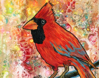 Cardinal Art Print, bird print, bird art, cardinal art, cardinal, bird, nature, wildlife, wall art, whimsical, colourful