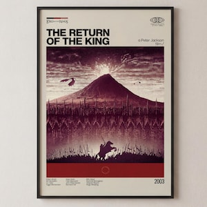 May include: Framed movie poster for "The Lord of the Rings: The Return of the King." The poster features a dark, dramatic scene with a mountain, a rider, and the film's title in bold letters. The color palette is primarily dark red, black, and beige.