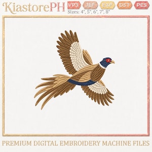 Puede incluir: Un archivo de bordado digital que muestra un faisán volando con plumas marrones, bronceadas y blancas, un pecho azul y un parche rojo en el ojo. El texto KiastorePH aparece arriba con formatos VP3, JEF, EXP, DST, PES y tamaños de 4, 5, 6, 7, 8 pulgadas.