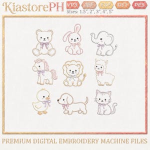 Può includere: Un set di file per ricamo digitale di KiastorePH con nove disegni di animali delineati, tra cui orso, coniglio, elefante, cavallo, leone, lama, anatra, cane e gatto. Ogni animale indossa un piccolo fiocco. Dimensioni: 3,8 cm, 5,1 cm, 7,6 cm, 10,2 cm, 12,7 cm.