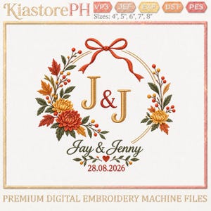 Autumn Floral Wedding Monogram Embroidery Design, J and J Initials with Fall Flowers, Romantic Couple Wreath Machine Embroidery File PES DST
