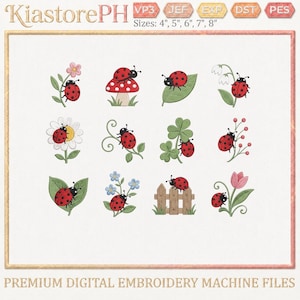 May include: A digital embroidery design set by KiastorePH featuring twelve distinct ladybug illustrations. Each ladybug is red with black spots, depicted on various elements like flowers, leaves, a mushroom, a clover, and a wooden fence. Text includes file formats VP3, JEF, EXP, DST, PES and sizes 4", 5", 6", 7", 8".
