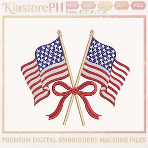 May include: Digital embroidery design featuring two American flags crossed with a red bow. The flags have blue fields with white stars and red and white stripes. The design is for machine embroidery and is available in multiple sizes.