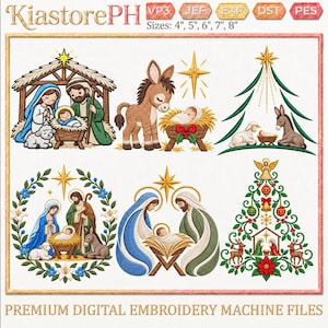 Può includere: Una collezione di sei disegni per ricamo digitale con scene della natività, un asino e alberi di Natale. Il testo KiastorePH è in alto con i formati VP3, JEF, EXP, DST, PES e le dimensioni 4", 5", 6", 7", 8". Il testo in basso recita PREMIUM DIGITAL EMBROIDERY MACHINE FILES.