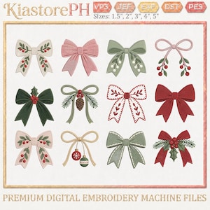 May include: A collection of twelve digital embroidery designs featuring various holiday-themed bows in red, green, pink, and cream colours. The designs include bows with holly berries, pinecones, and ornaments. Text reads KiastorePH and Sizes: 1.5", 2", 3", 4", 5".