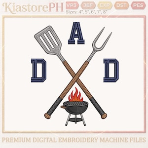 May include: Digital embroidery design featuring a crossed spatula and fork with the word "DAD" in navy blue. A small grill with flames is at the bottom. The design is for embroidery machines and comes in various sizes.