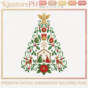 May include: A digital embroidery design featuring a Christmas tree shape formed by green vines, red berries, and ornaments. It includes a gold angel topper, a central nativity scene, two deer, and a red poinsettia. Text reads KiastorePH, 4", 5", 6", 7", 8".
