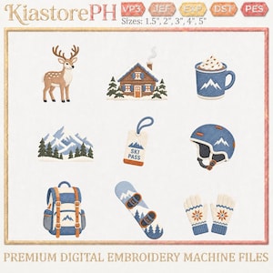 Puede incluir: Una colección de diseños de bordado digital de KiastorePH con temas invernales: un ciervo, una cabaña, una taza de cacao, montañas, un pase de esquí, un casco, una mochila, una tabla de snowboard y manoplas. Tamaños disponibles: 3,8 a 12,7 cm.