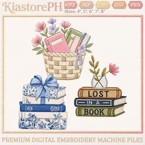 Pacchetto di ricami per amanti dei libri, set di disegni per ricamo a macchina con tema lettura, file con pila di libri floreali, schema di ricamo per biblioteca (download digitale)