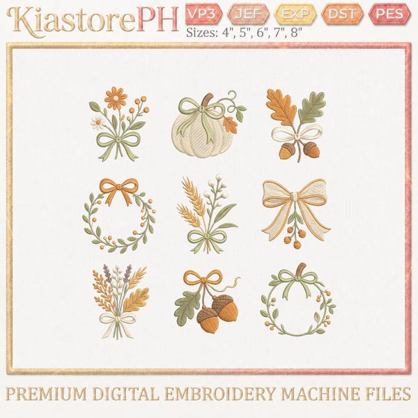 Fall Bow Embroidery Bundle, Autumn Floral Pumpkin Acorn Wreath Machine Embroidery Designs, Digital Files,DST PES JEF exp vp3